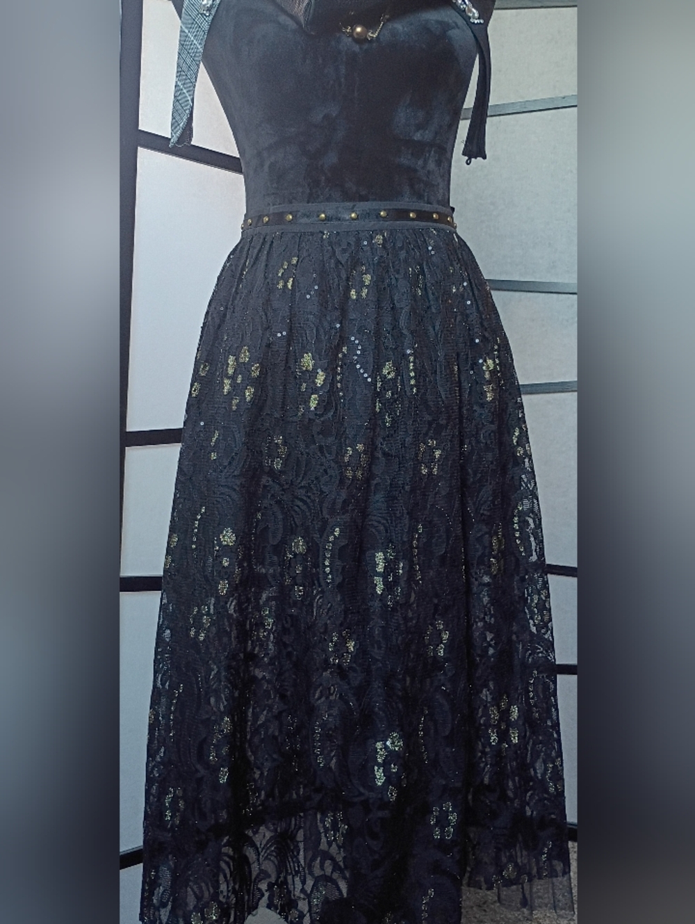 Black Lace Midi Skirt with Gold Sequin Detail By Soieblu